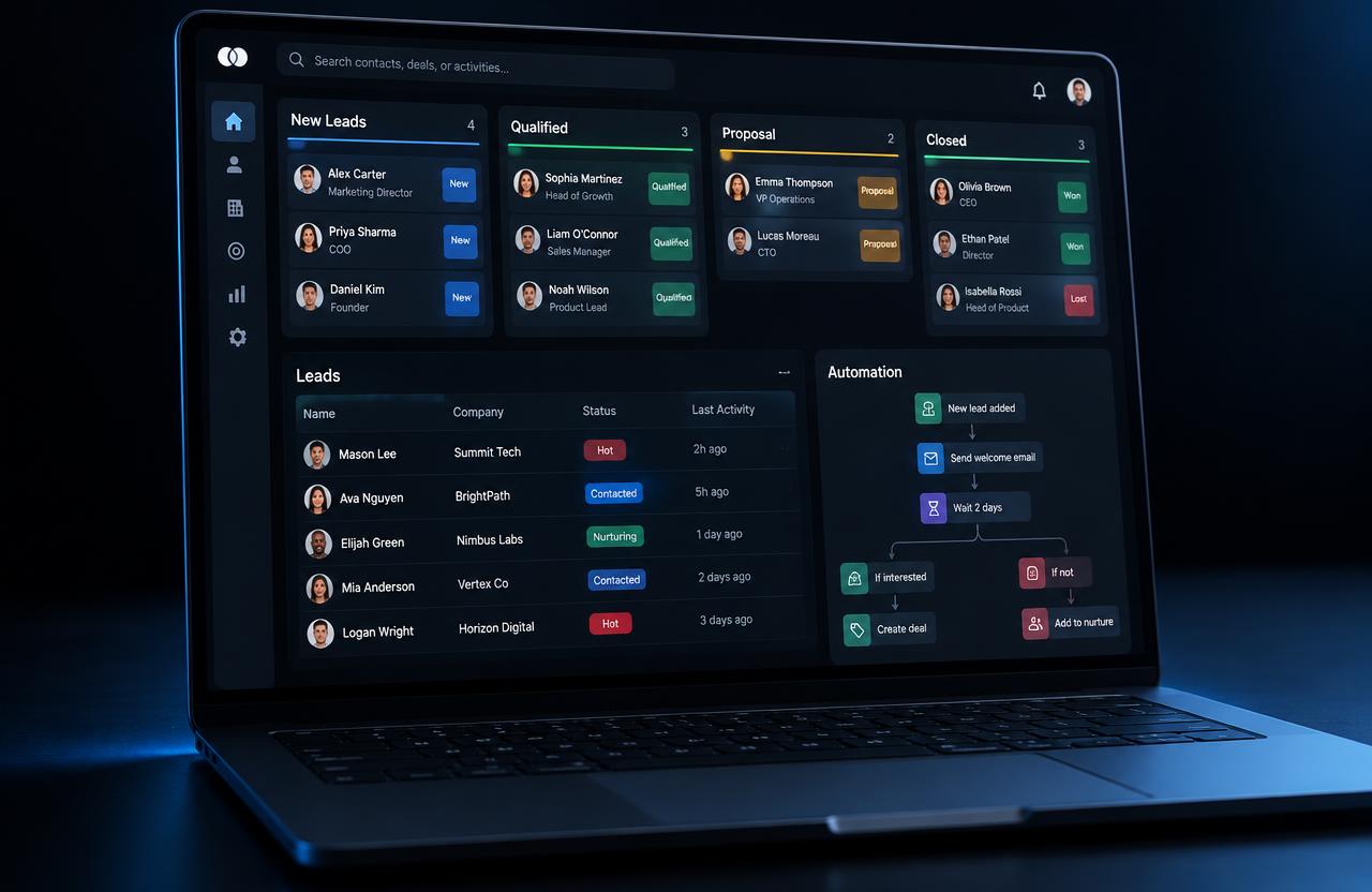 Representación ilustrativa de un panel de CRM con prospectos y automatizaciones